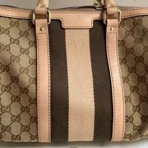 Gucci Beige, Brown and Tan GG Canvas Tote with Center Stripe